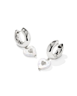 Silver Sasha Heart Huggie Earrings featuring thick hoops and heart-shaped pearl charms.