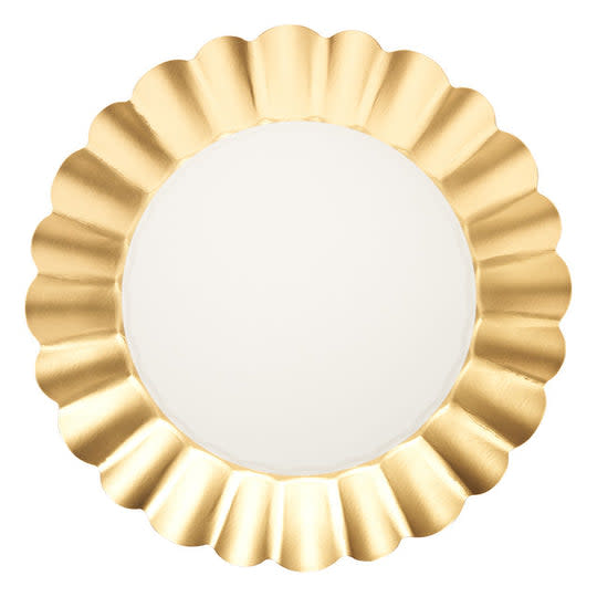 Eight gold paper dinner plates with white rims designed for main courses.