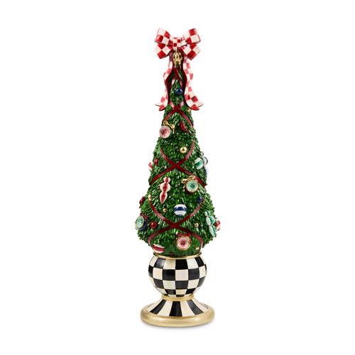 Timeless Tartan Illuminated Topiary Tree with a red and white bow on a checkered base.