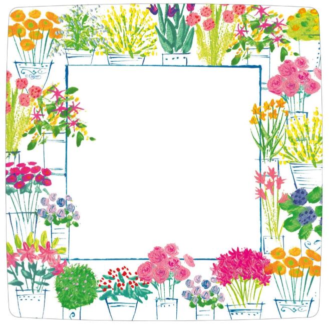 Pack of eight square paper dinner plates featuring a floral market print in water-based dyes.