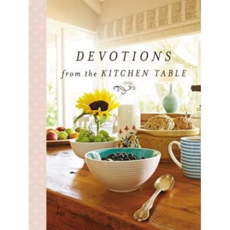 Hardcover book titled Devotions From The Kitchen Table with a cream cover featuring subtle botanical line art.