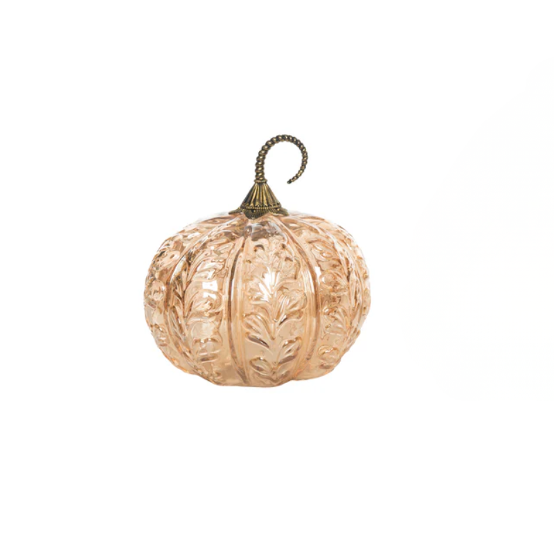 Amber glass light-up pumpkin with embossed petal patterns and a curled bronze-colored stem.