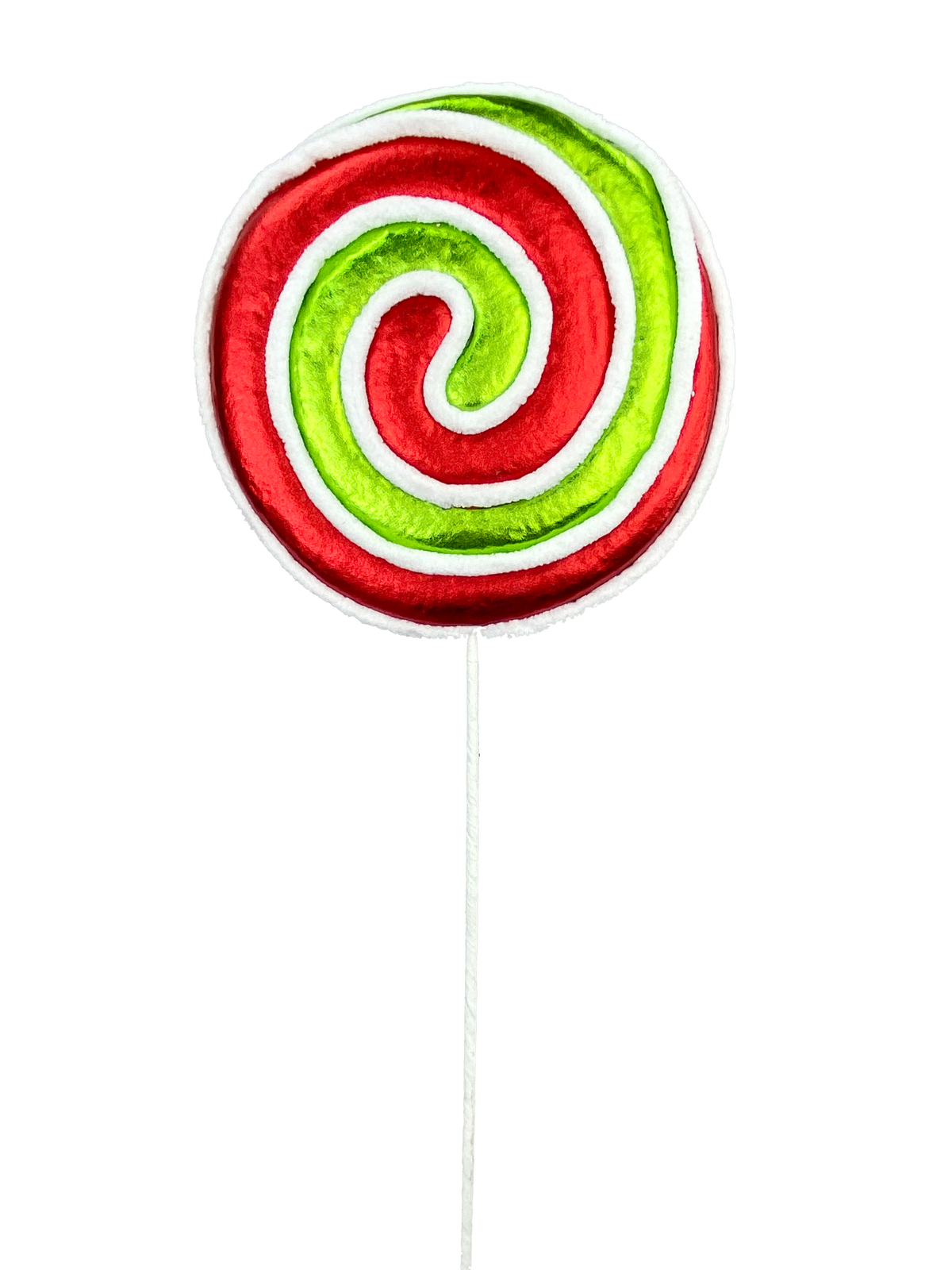 Large metallic red and green swirl lollipop spray with a white stick.