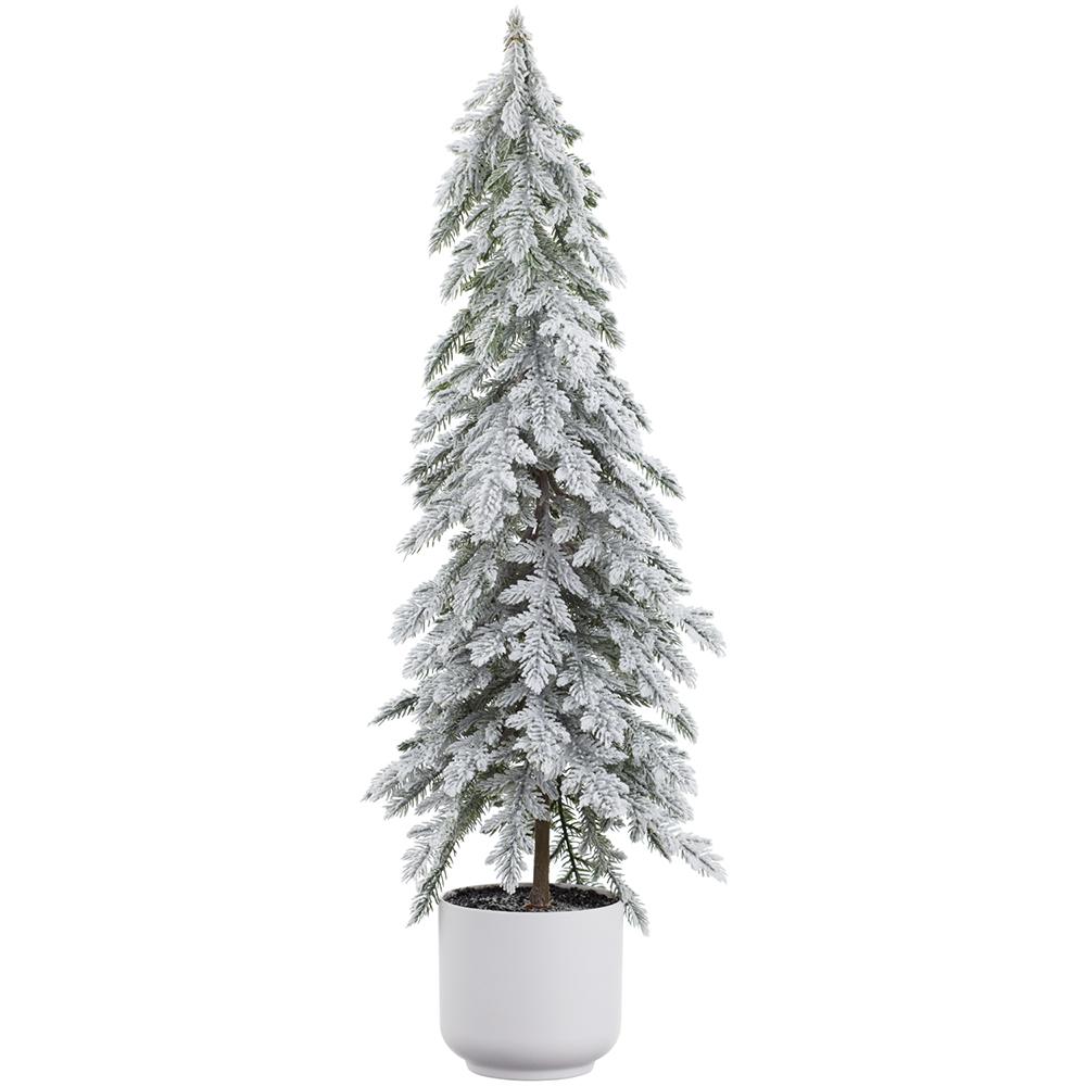 28-inch snow-covered green pine tree in a white plastic pot.