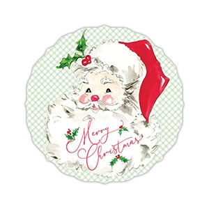 Round die-cut paper placemat featuring a watercolor Santa Claus illustration and Merry Christmas.