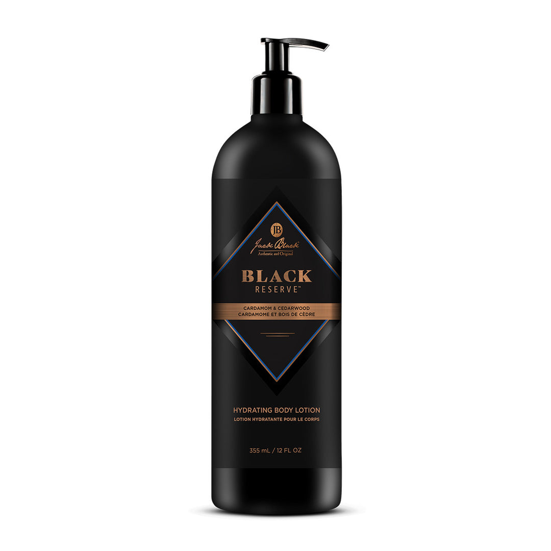 Black Reserve Hydrating Body Lotion in a 12 oz black pump bottle with a diamond-shaped label.
