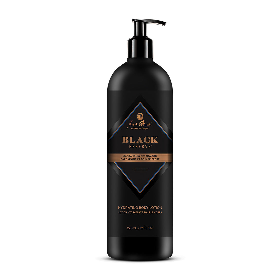 Black Reserve Hydrating Body Lotion in a 12 oz black pump bottle with a diamond-shaped label.