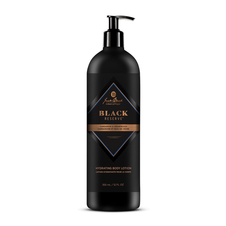 Black Reserve Hydrating Body Lotion in a 12 oz black pump bottle with a diamond-shaped label.