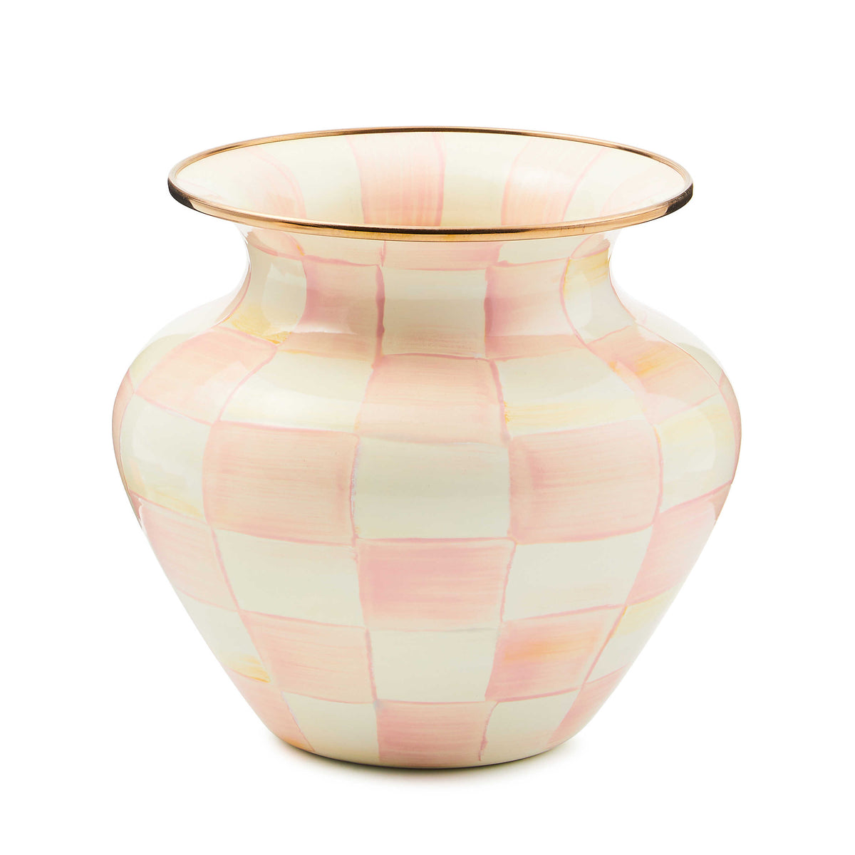Rosy Check Large Vase with hand-painted pink and white checks and a bronzed stainless steel rim.