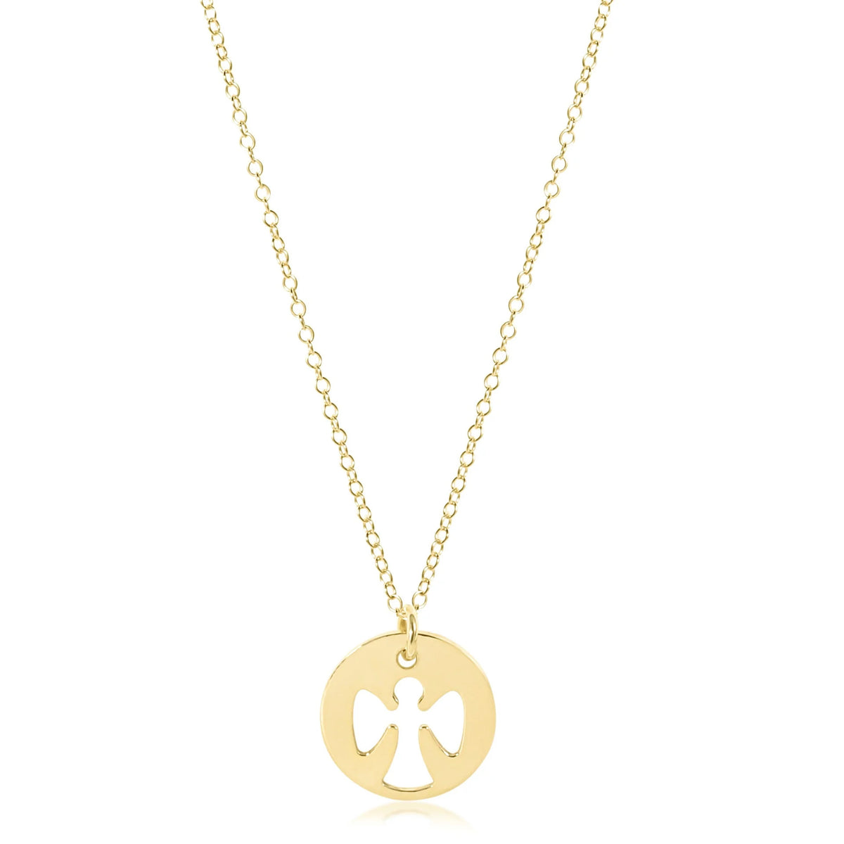 Front view of a gold-filled necklace featuring a circular guardian angel disc pendant on an 16-inch chain.