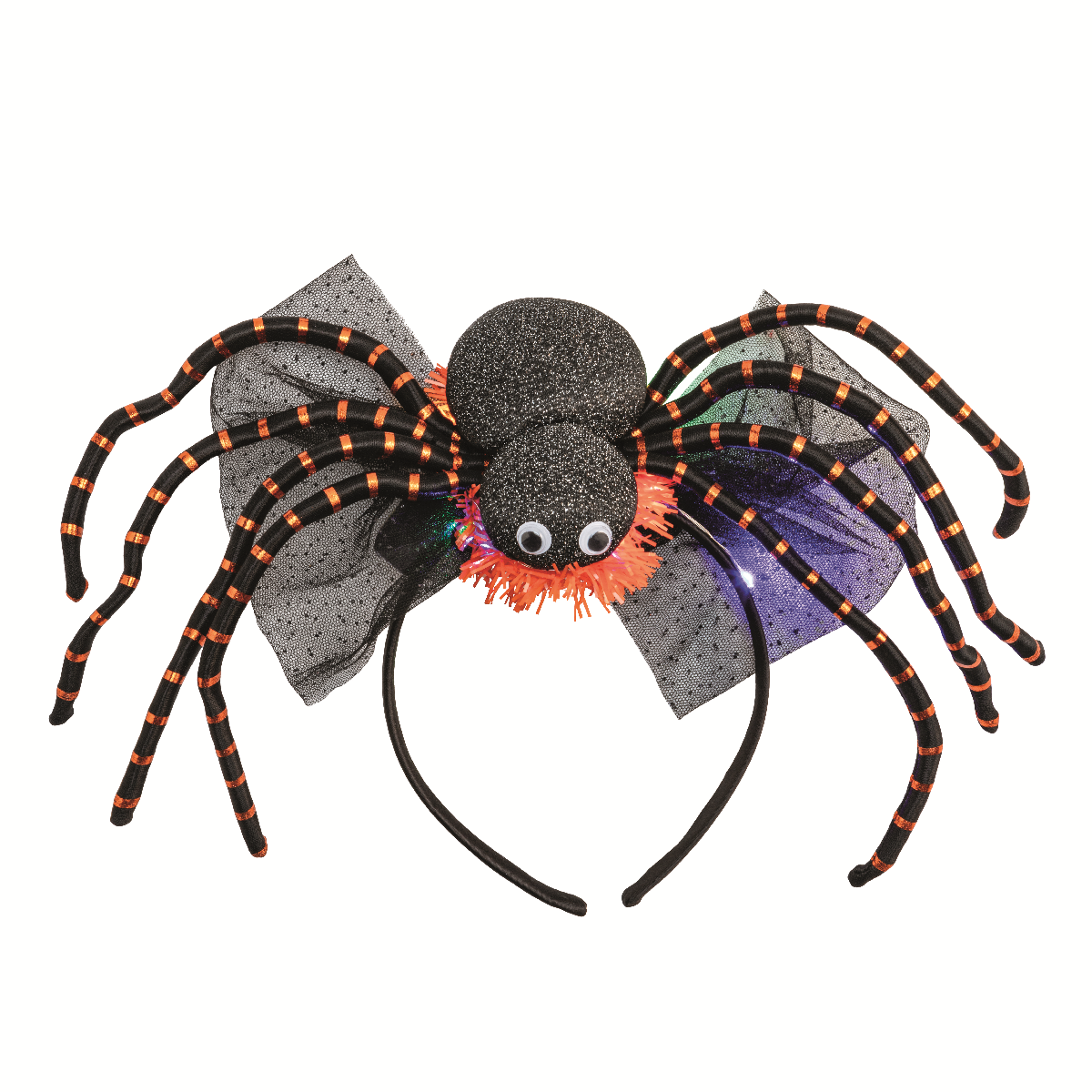 Halloween headband with glitter felt, tulle trim, LED lights, and secure fit.