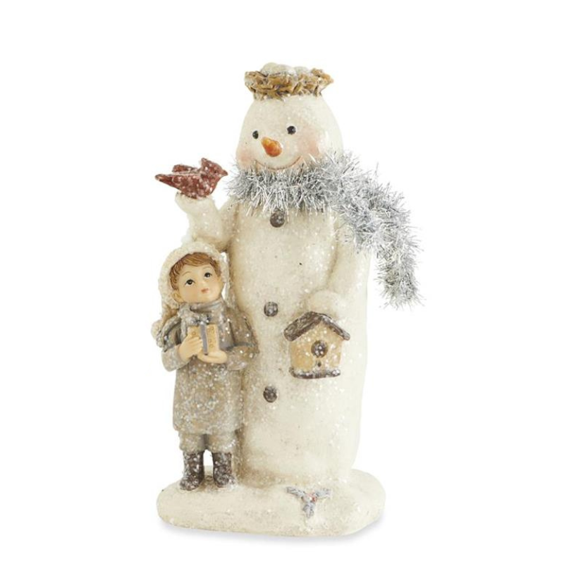 Resin vintage snowman figurine with a silver tinsel scarf, holding a bird and a birdhouse.