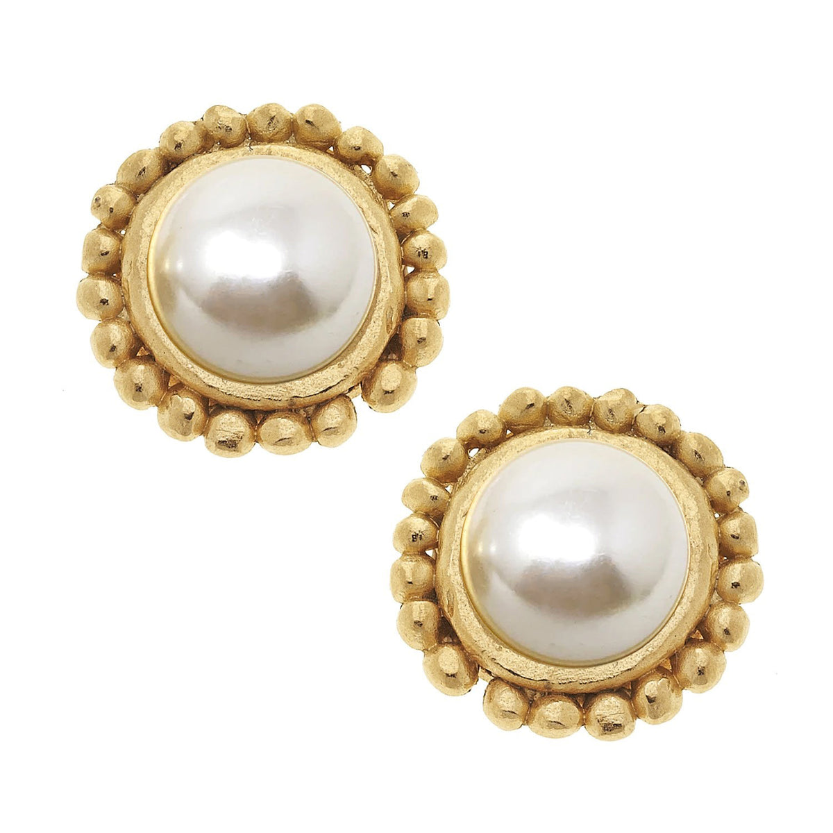 Triple-plated gold pierced earrings featuring imitation pearl cabochons with post backs.