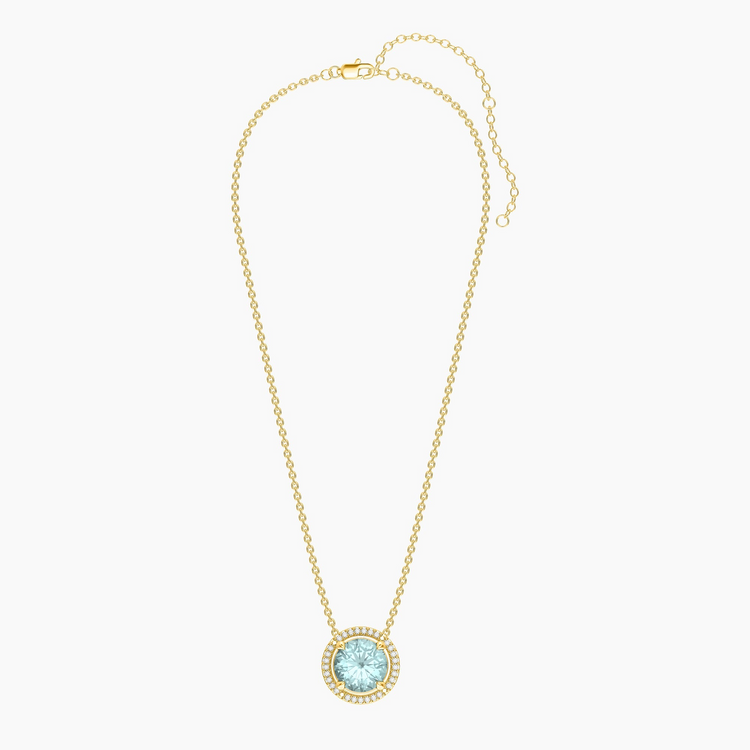 Gold-plated birthstone pendant necklace with a round light blue stone and diamond halo.