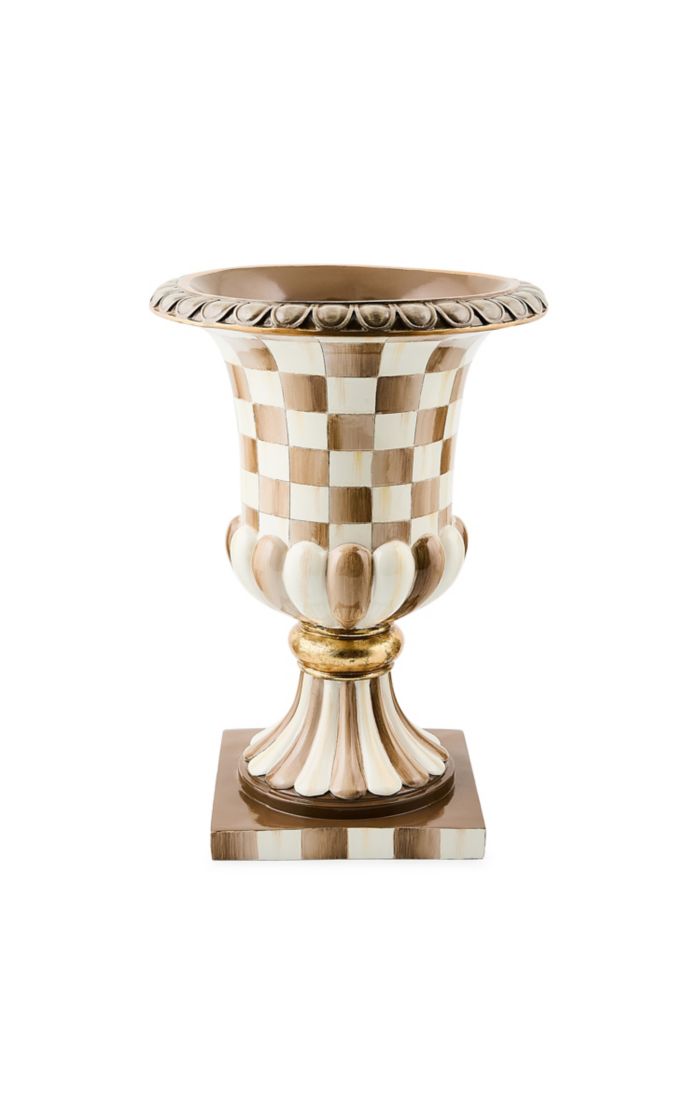 Mocha Check Tabletop Pedestal Urn with a checkered pattern and gold accents on a square base.