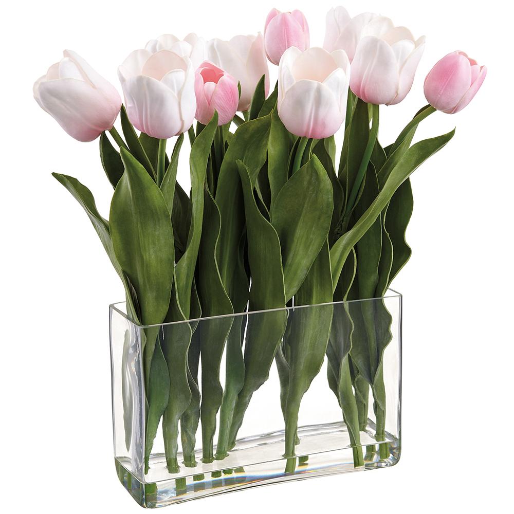 Tulip-shaped glass vase with a wire structure inside, measuring 7 inches wide and deep by 17.5 inches tall.
