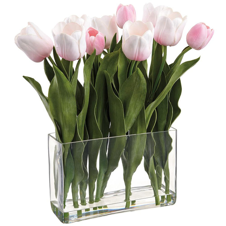 Tulip-shaped glass vase with a wire structure inside, measuring 7 inches wide and deep by 17.5 inches tall.