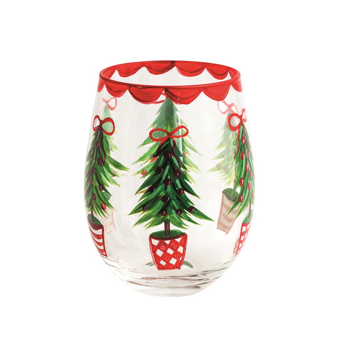Stemless wine glass with hand-painted Christmas trees in red pots and a scalloped red rim.