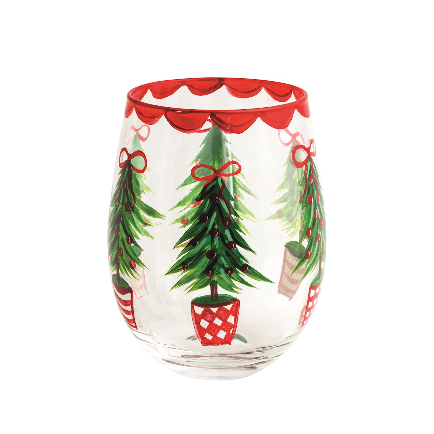 Stemless wine glass with hand-painted Christmas trees in red pots and a scalloped red rim.