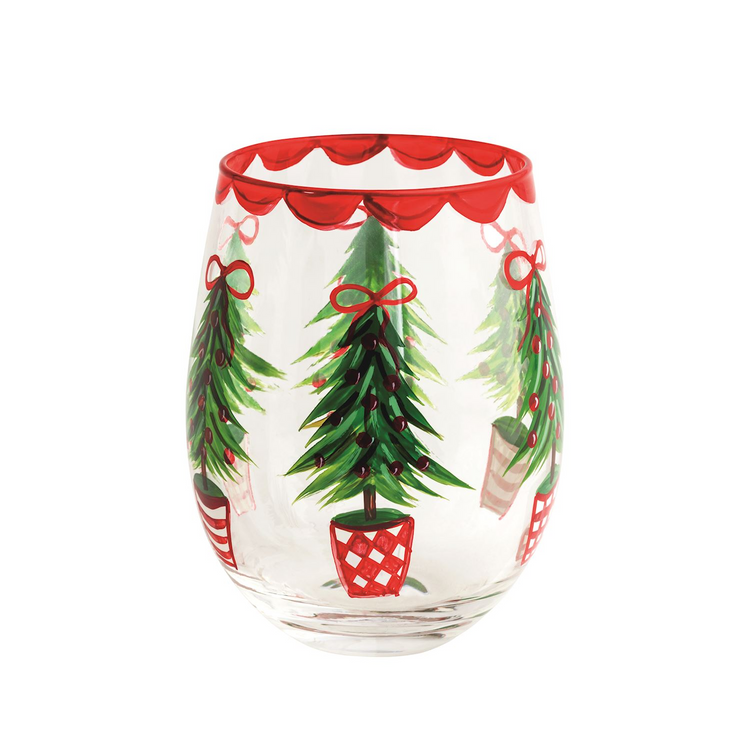 Stemless wine glass with hand-painted Christmas trees in red pots and a scalloped red rim.