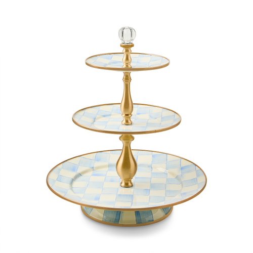 Three-tier steel stand with hand-painted sky blue checks on a glass knob top.