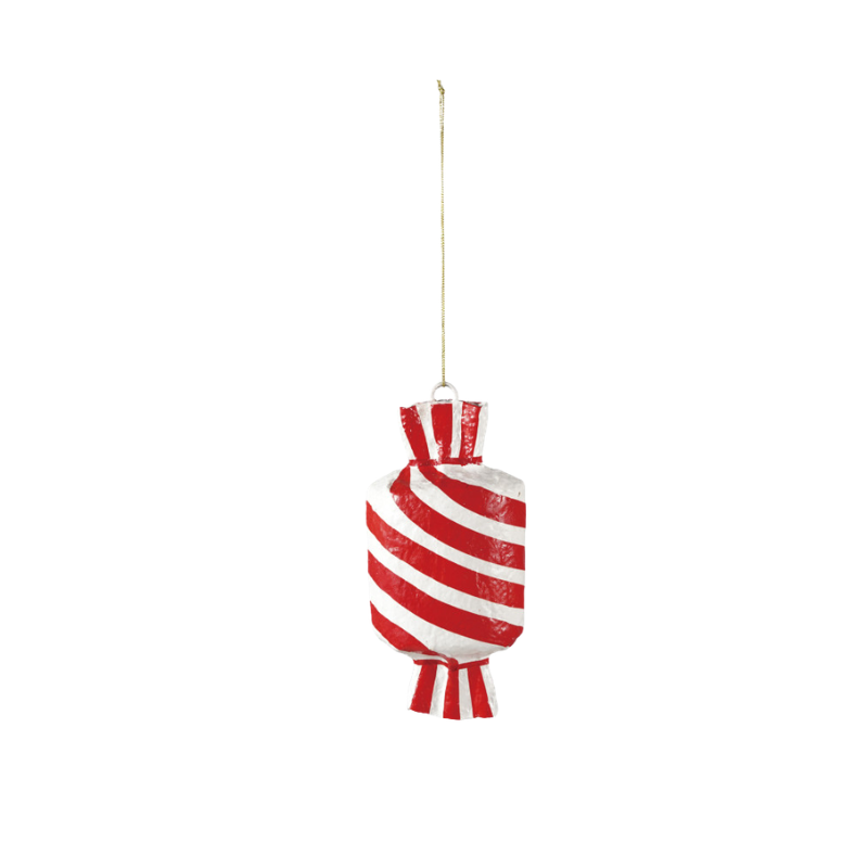 Red and white striped paper mache candy ornament with a gold hanging string.
