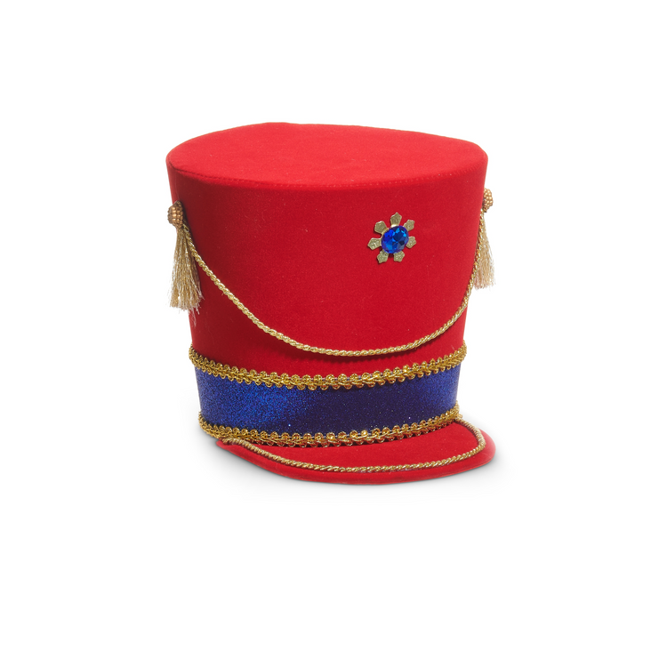 Red velvet nutcracker hat tree topper with blue glitter band, gold trim, and a blue jewel.