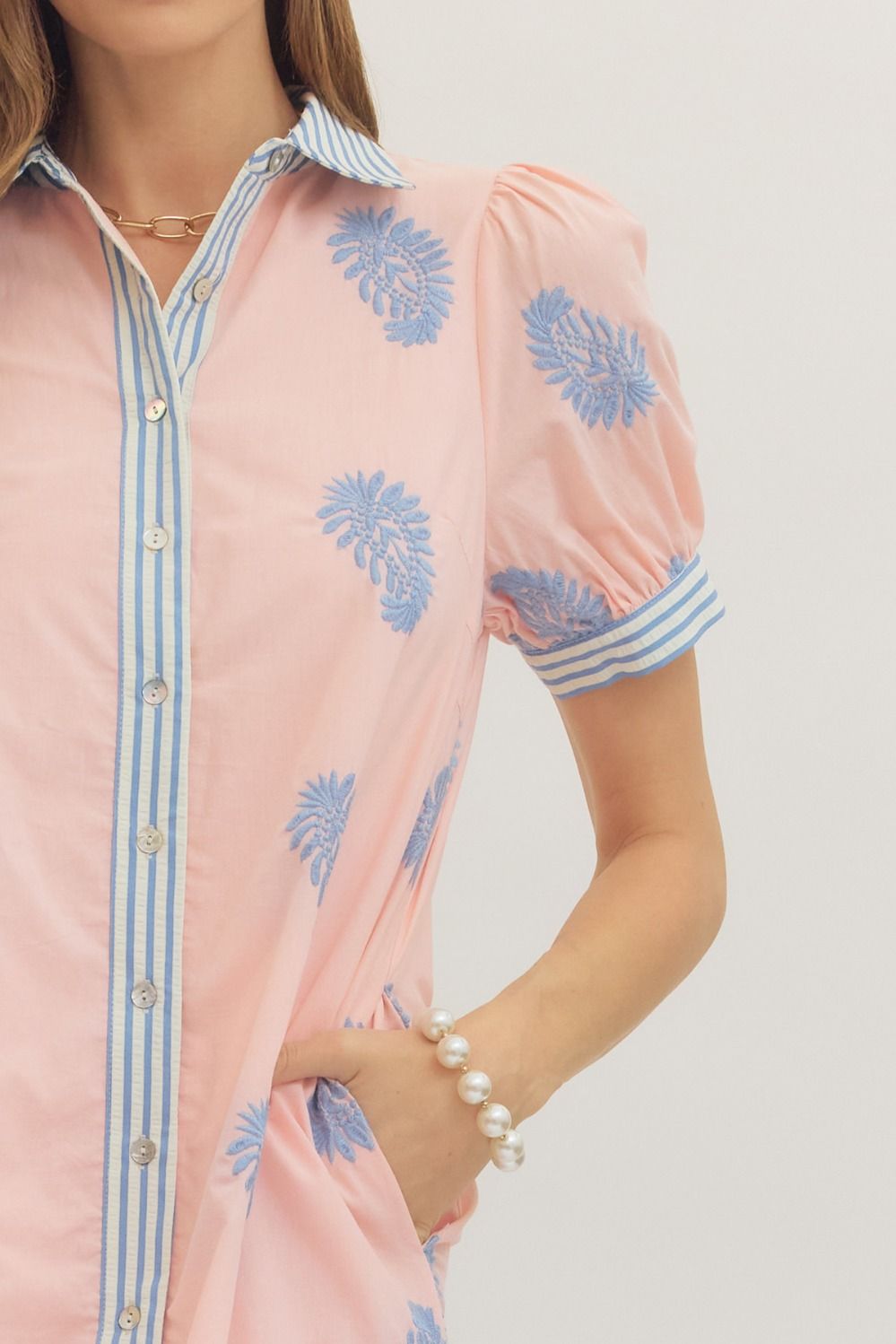 Nicole Embroidered Short Puff Sleeve Midi Dress