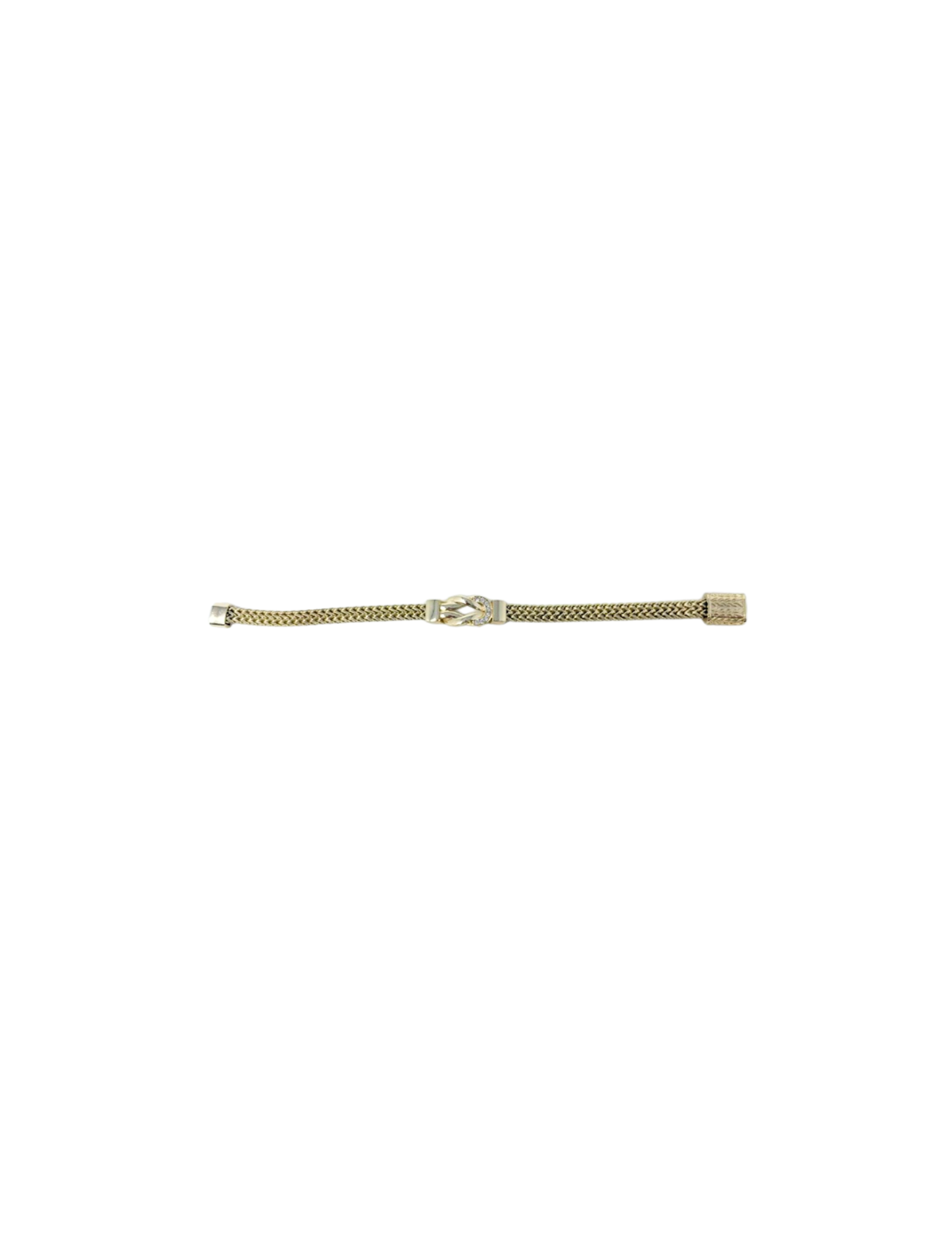 Gold-tone mesh bracelet with a central interlocking knot motif accented with cubic zirconia.