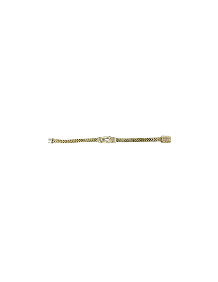 Gold-tone mesh bracelet with a central interlocking knot motif accented with cubic zirconia.