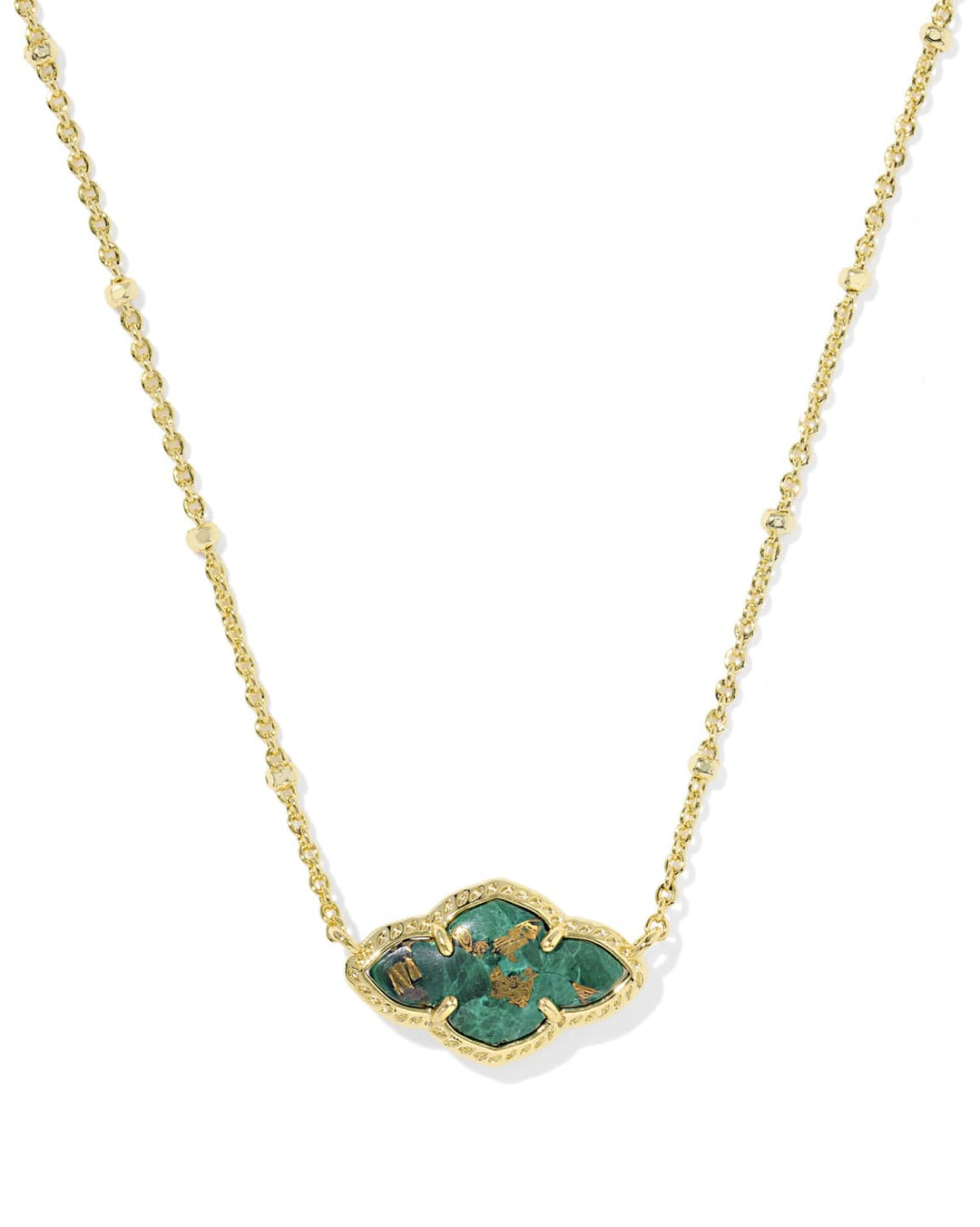 Abbie Pendant Necklace featuring a green stone with gold flecks on a gold-tone chain.