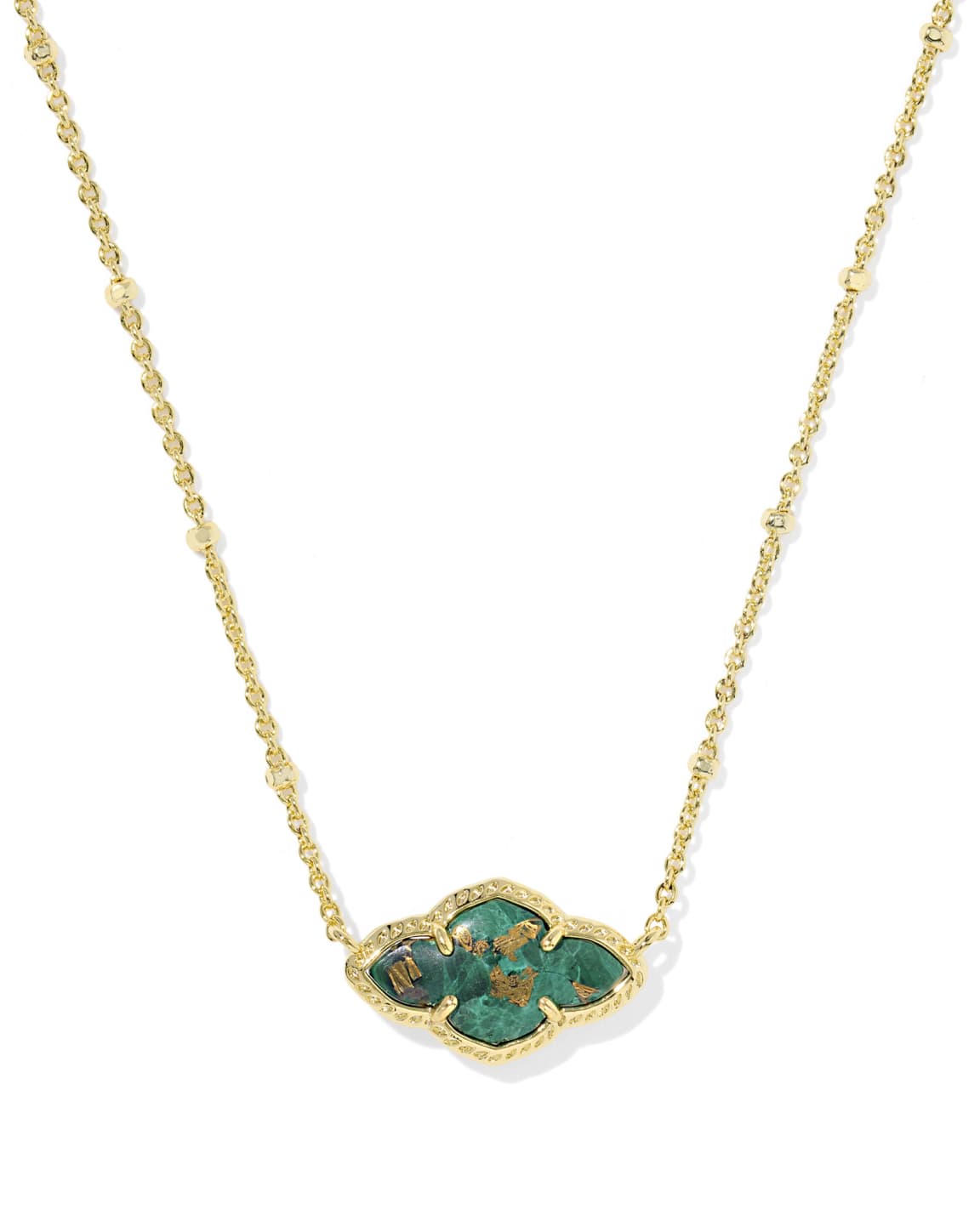 Abbie Pendant Necklace featuring a green stone with gold flecks on a gold-tone chain.