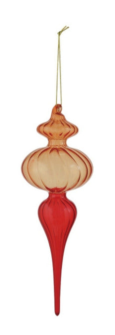 Two-tone glass finial ornament with a ribbed texture and orange to red gradient finish.