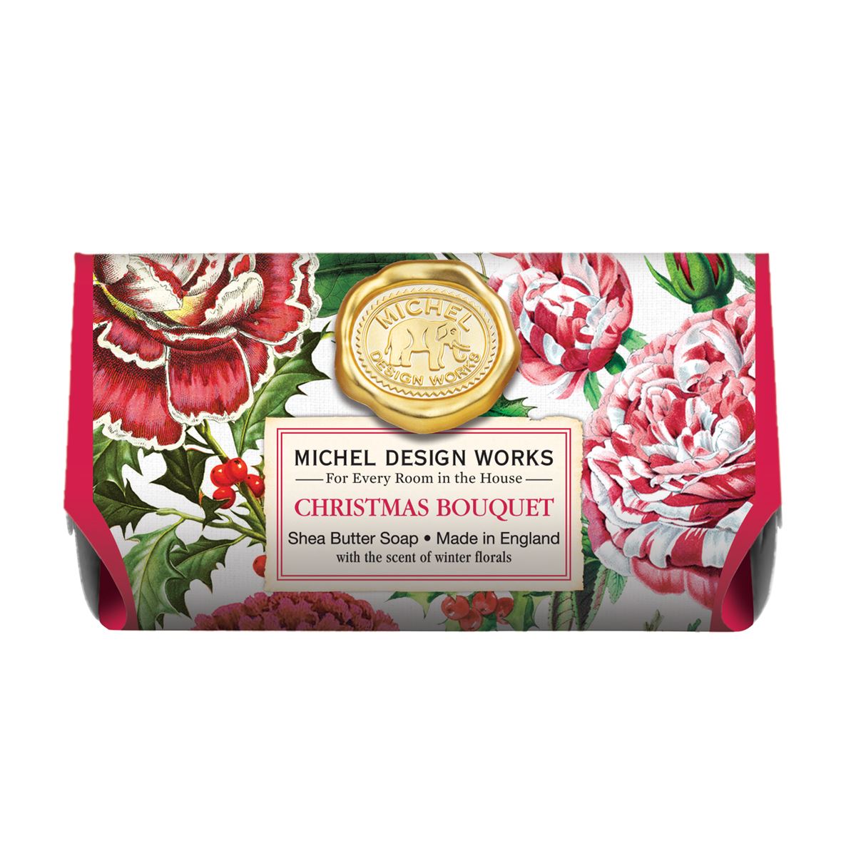 Michel Design Works Christmas Bouquet shea butter soap bar with floral and holly print.