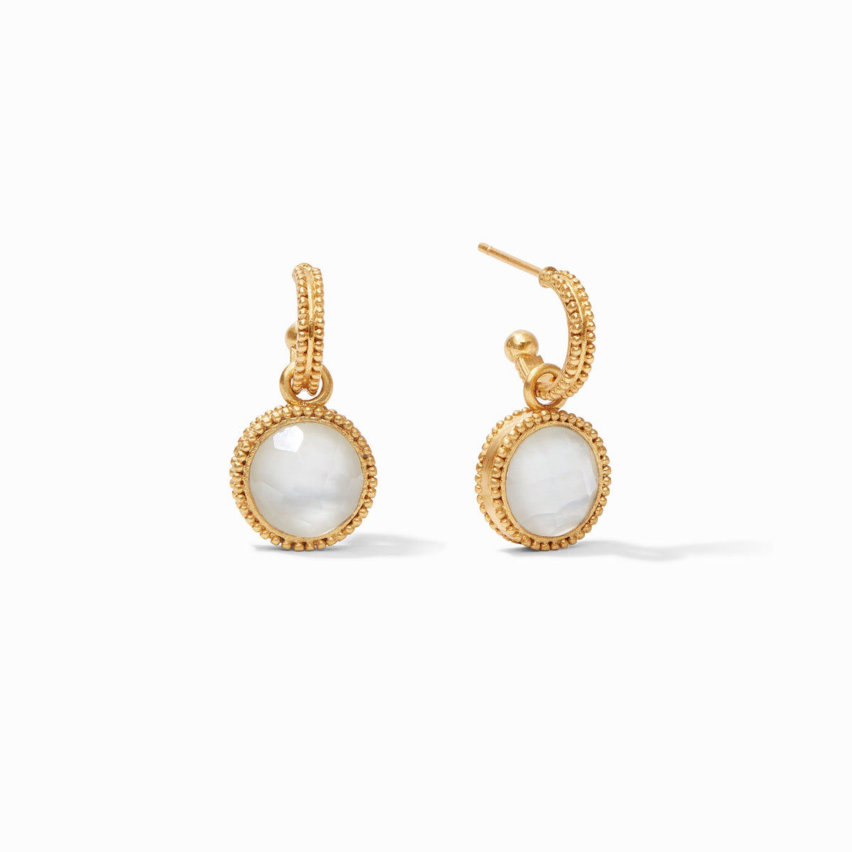 Fleur-de-Lis gold hoop earrings with round mother of pearl charms and beaded texture.
