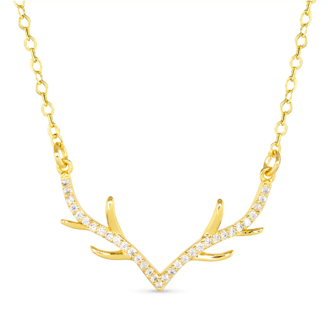 Gold antler necklace with small clear crystals set along the base of the antlers on a gold chain.