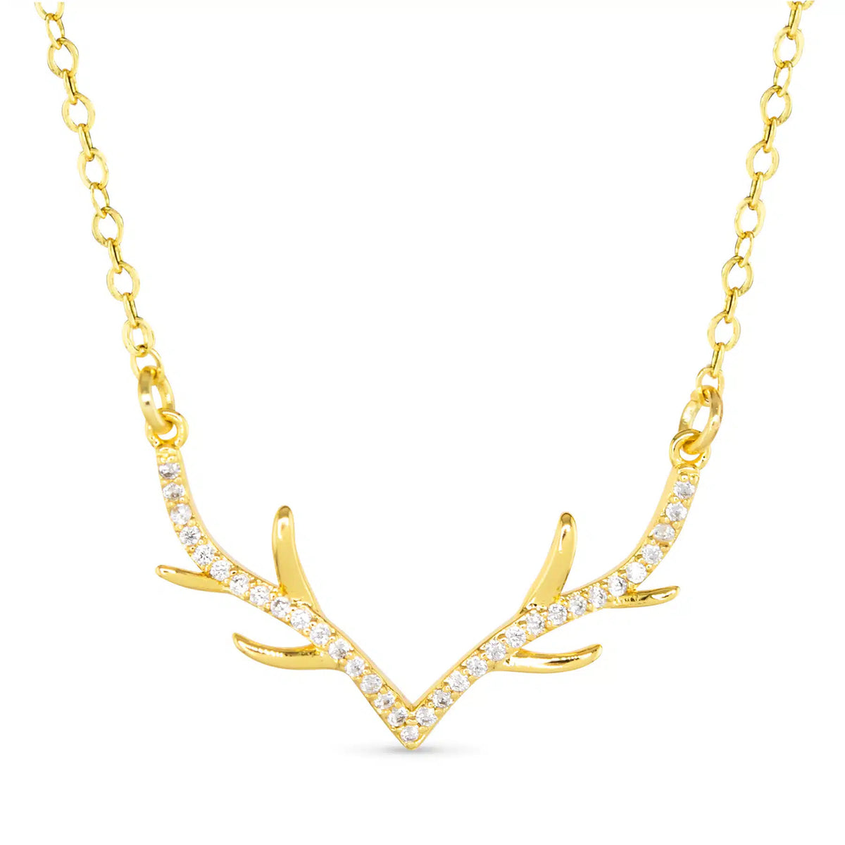 Gold antler necklace with small clear crystals set along the base of the antlers on a gold chain.
