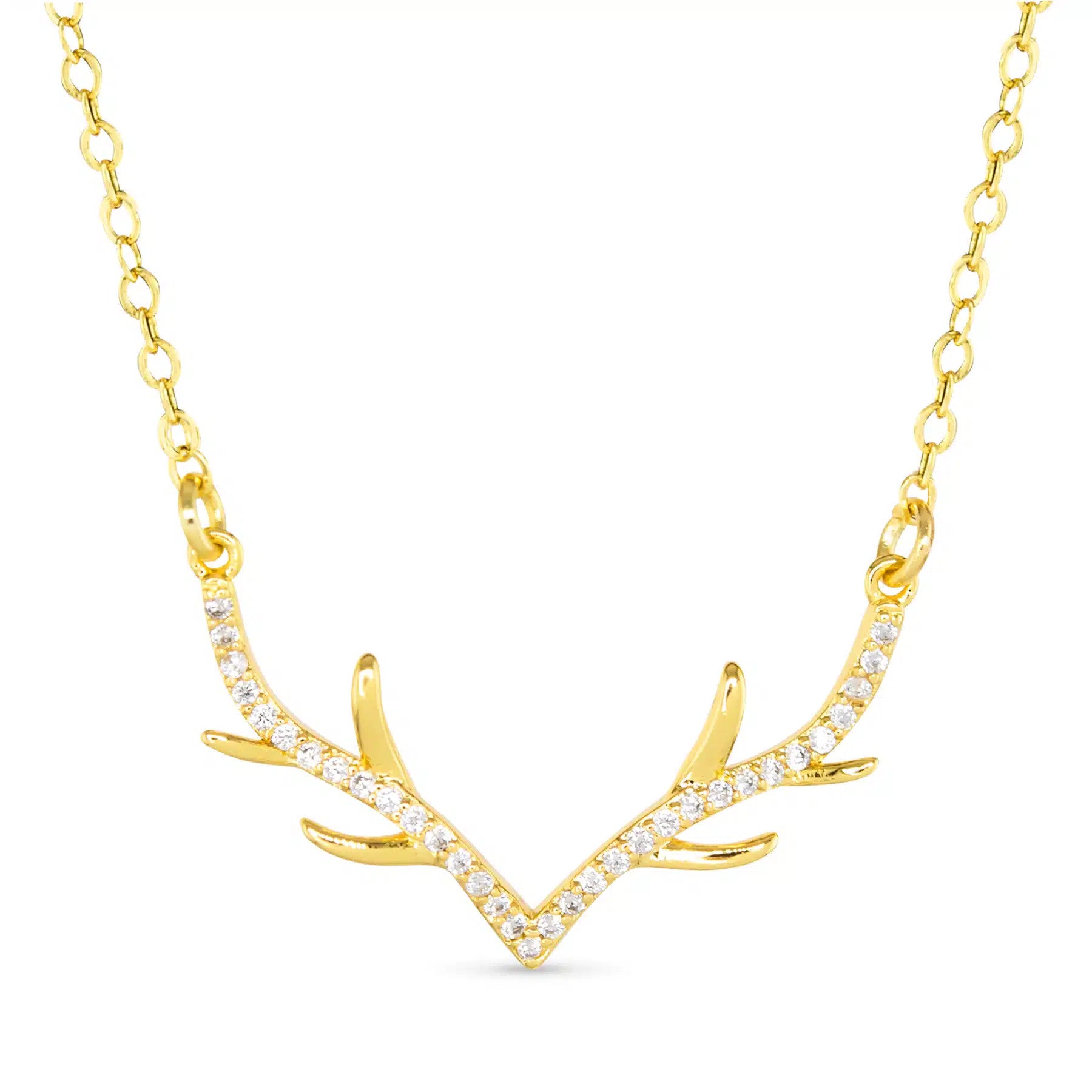 Gold antler necklace with small clear crystals set along the base of the antlers on a gold chain.