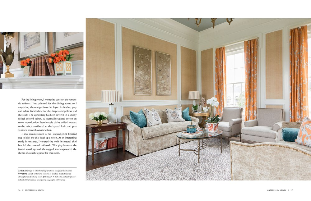 Interior design book spread featuring a living room with orange drapes and a leopard print rug.