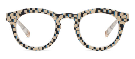 Round Frame of Mind glasses with pixel check blue tint lenses on a model
