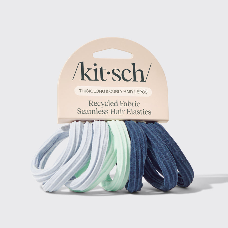 Kitsch Recycled Seamless Hair Elastics 8pc Set in Garden Bouquet blue and green tones.