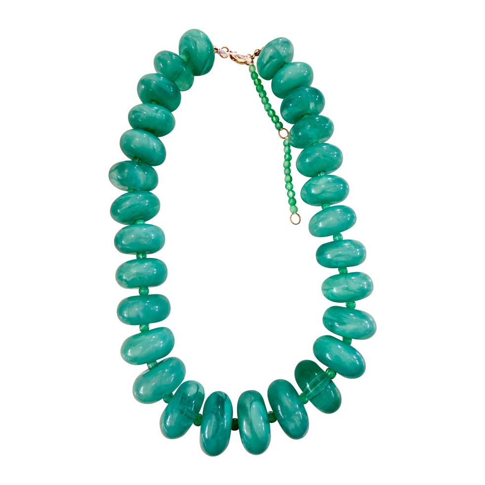 Bailey Chunky Beaded Necklace featuring large, glossy marbled green beads with a gold-tone clasp.