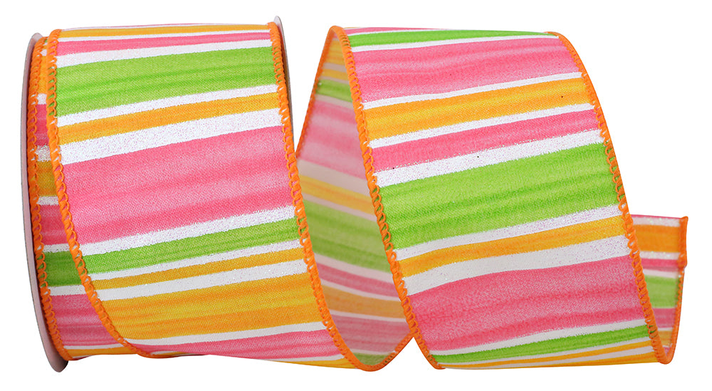 Two-and-a-half-inch wide iridescent watermelon striped wired edge polyester ribbon