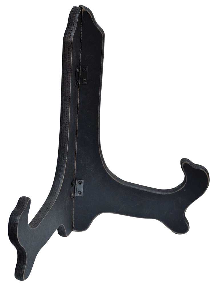 Large black wooden plate stand with metal hinges and a distressed finish.