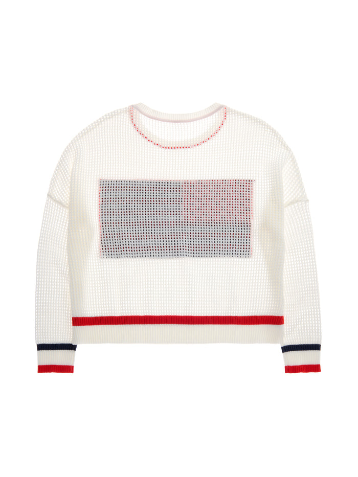 Cassie American flag mesh sweater in red, white, navy with open knit texture
