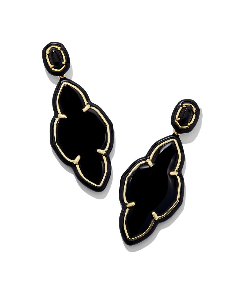 Abbie statement earrings in black enamel with 14k yellow gold over brass frames.