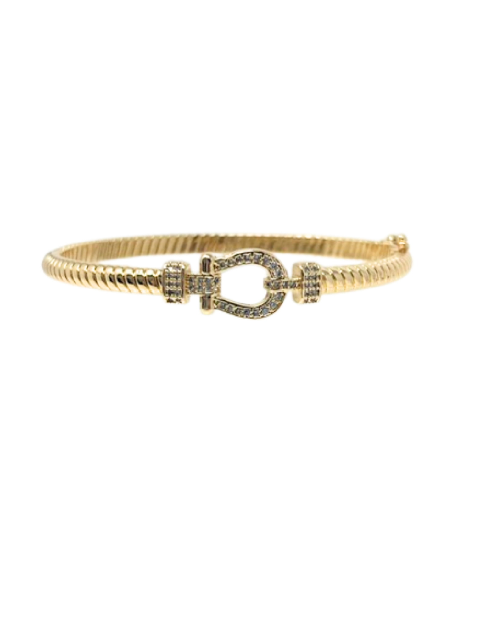 Gold CZ bracelet with a twisted band and a horseshoe-shaped pave cubic zirconia centerpiece.