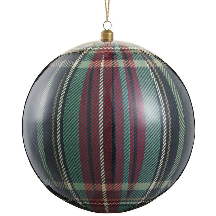 Plaid plastic ball ornament with red, green, and gold stripes and a gold hanging cap.