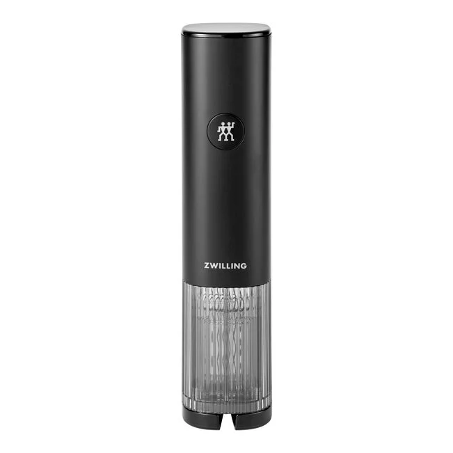 Matte black Zwilling Enfinigy electric wine opener with a clear base and stainless steel corkscrew.