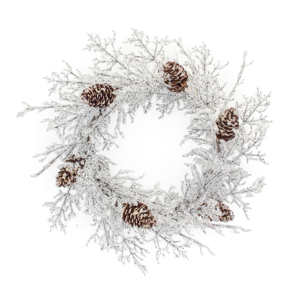 24-inch Ice Branch Wreath with frosted white branches and six brown pinecones.